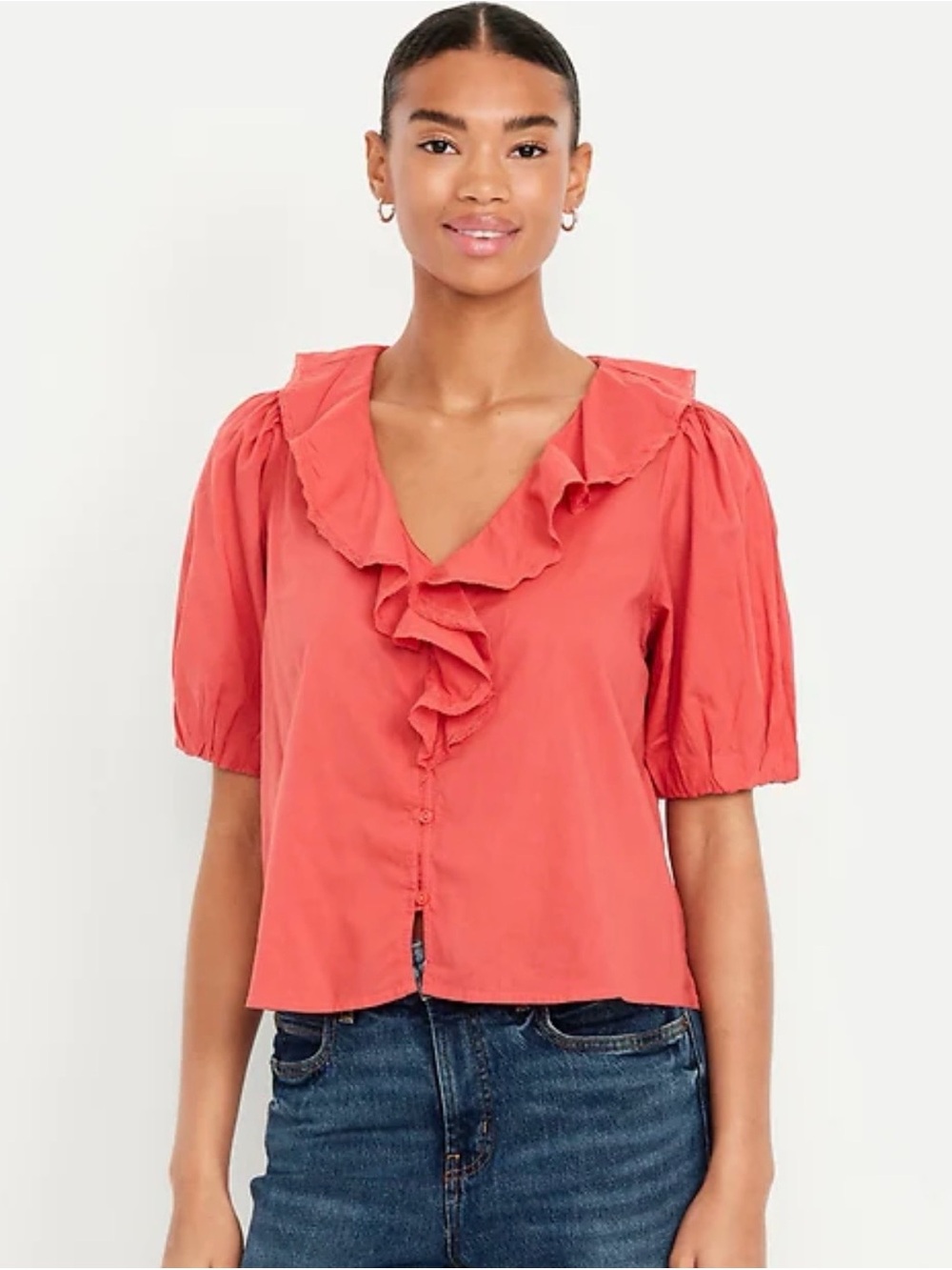 Old Navy Coral Ruffle V-Neck Button-Front Blouse